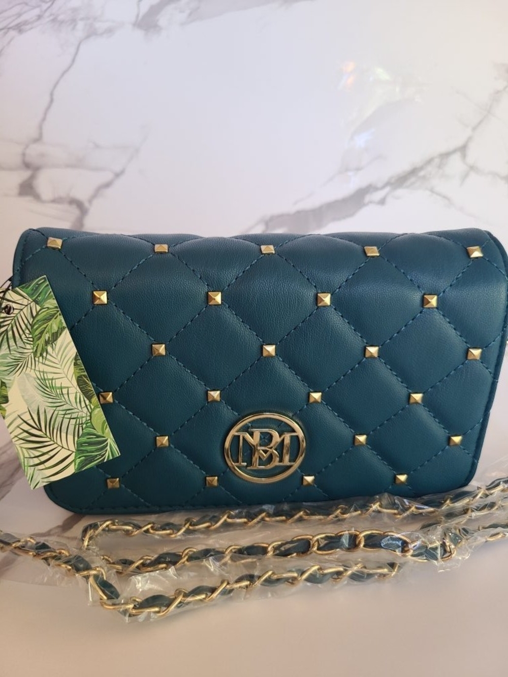Badgley Mischka Teal Quilted Crossbody with Gold Hardware
